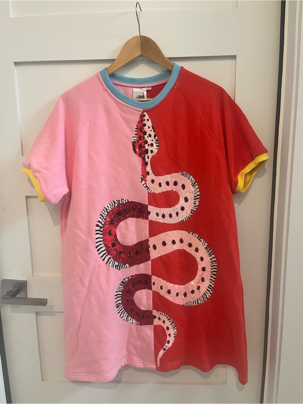 Round Top, TX Boutique: Pink & Red Snake Graphic Mini Dress with Blue Neckline
